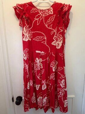 FatFace Women’s Red & White Floral Dress Frill Ruffle Sleeve Cotton Blend Knee L